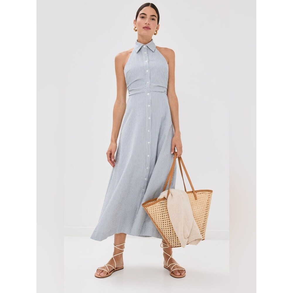 Veronica Beard Blue Mackey Striped Cotton Blend Halter Maxi Dress Size 12